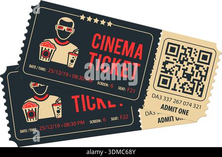 Cinema movie Ticket with QR code, viewer, popcorn and soda, flat style icons, isolated vector illustration on transparent background Stock Vector