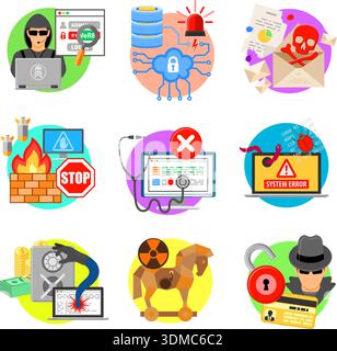 Internet Security Flat Icon Set for Flyer, Poster, Web Site Like Hacker, Virus, Spam and Firewall. Stock Vector