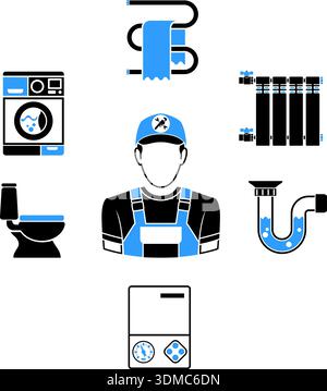 Plumbing Service Infographics like Installation, Repair and Cleaning with Plumber, Tools and Device Two Color Icons. Isolated vector illustration. Stock Vector