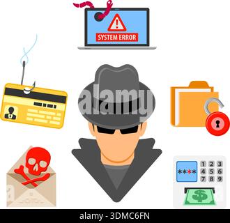 Cyber Crime Concept with Flat Icons for Flyer, Poster, Web Site on Theme Phishing. Stock Vector