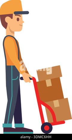 A man in a yellow shirt is pushing a cart with boxes on it Stock Vector