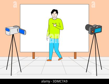 Man is walking in front of a white wall with two cameras on tripods. The man is smiling and giving a thumbs up. The scene is likely a photo shoot or a Stock Vector