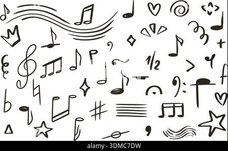Music themed doodle set. Hand drawn ink icons of notes, scales, treble clef, symbols, and notations. Vector graphics Stock Vector