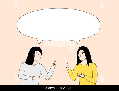 Two women are talking to each other, one of them pointing at something. The image has a lighthearted and friendly mood, suggesting that the two women Stock Vector
