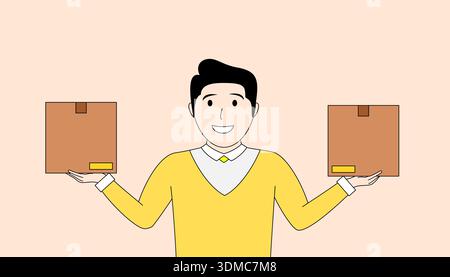 man wearing yellow shirt carrying two boxes Stock Vector