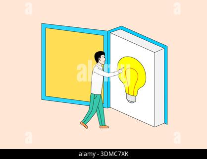 Man is drawing a light bulb on a book. The book is open to a blank page. The man is standing in front of the book, holding a pencil. Concept of creati Stock Vector