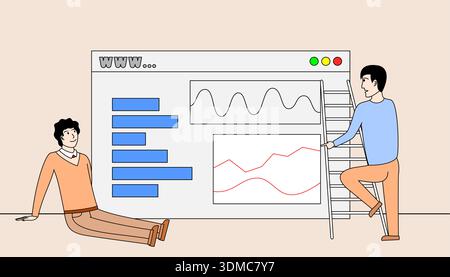 man lying looking at a board containing data and diagrams.. and the other is standing and using a ladder to reach the screen Stock Vector