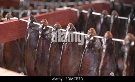 Dried and salted fish hanging in rows on wooden racks. Traditional food preservation method for seafood snacks in a local market or factory Stock Photo