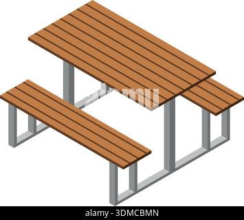 A wooden picnic table with two benches and a metal frame Stock Vector