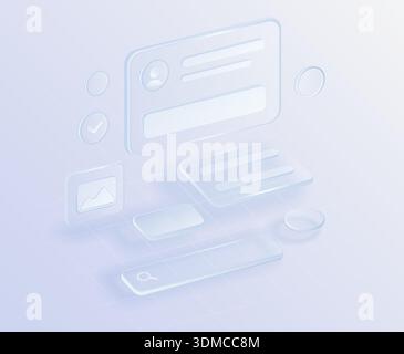 Modern 3d glass user interface components floating in soft blue space, showcasing transparent panels, buttons, and icons for digital dashboard design vector illustration Stock Vector