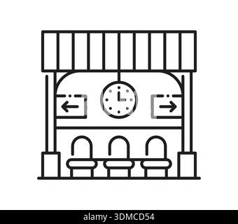 Train or subway station railway line icon. Metro platform, public transportation outline icon, train station railway industry vector sign. Subway railroad transport pictogram with seats and clock Stock Vector