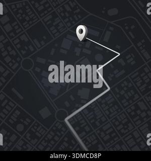Modern city map in dark style featuring a GPS pin and highlighted route, ideal for navigation, travel planning, and urban direction concepts, vector illustration Stock Vector