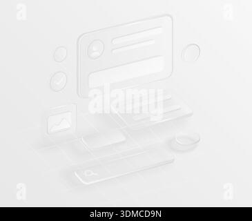 Modern 3D glass user interface components arranged in an abstract assembly, featuring minimal black and white style, isolated on white background vector illustration Stock Vector
