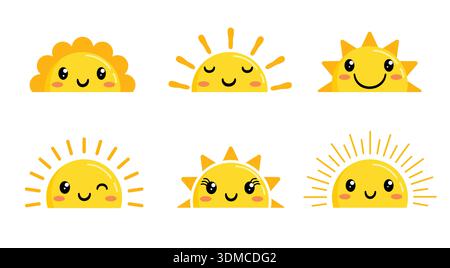 Half Sun with faces clipart set. Half Sun with faces flat drawing icon clip art in cute and happy smile sunrise and sunset Sun characters collection Stock Vector