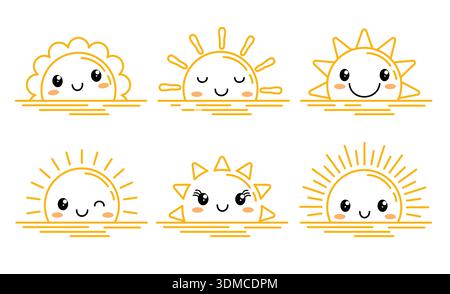 Half Sun with faces outline clipart set. Orange half Sun drawing outline clip art in cute and happy Sun characters hand drawn collection vector Stock Vector