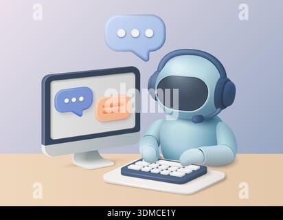 Futuristic robot assistant with headset typing on keyboard, providing online support and communication at a modern desk with chat bubbles, vector illustration Stock Vector