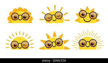 Half Sun with faces clipart set. Cool and cute half Sun faces wearing sunglasses clip art sunrise ad sunset drawing icon collection yellow Sun Stock Vector