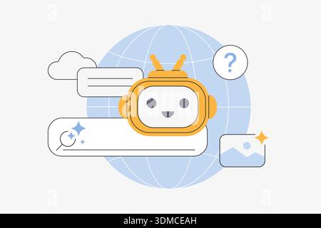 Explore AI-driven search technology with modern icons and chatbot elements, enhancing online research and communication, isolated on white background vector illustration Stock Vector