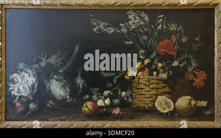 Still life with vegetables and basket of flowers and fruit by Simone del Tintore (1630-1708), circa 1650-1699, oil on canvas. Castello Sforzesco. Stock Photo