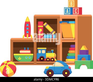 A toy chest filled with toys including a car, a train, a boat, and a rocket Stock Vector