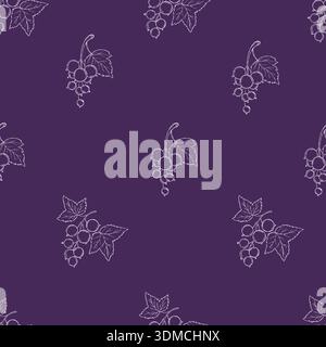 Currant Seamless Pattern. Outline White Line Art Black Berries on Dark Purple Background. Vector square hand-drawn illustration Not AI Stock Vector