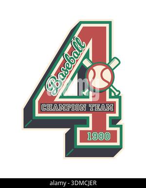Varsity sport patch label, retro emblem featuring the number 4, crossed baseball bats and ball in the center. Vector badge for champion team uniform, college vintage sports apparel and stickers Stock Vector