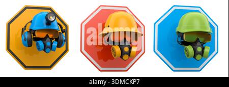 Safety helmets with goggles and respirators, shown on warning signs isolated on white background with clipping path, representing industrial safety co Stock Photo
