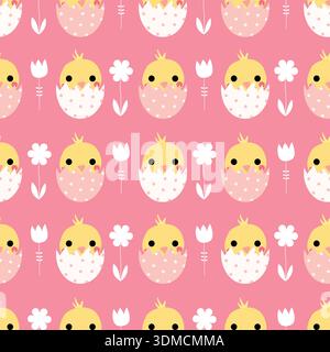 Cute vector seamless pattern with Easter chicks in eggs on pink background Stock Vector