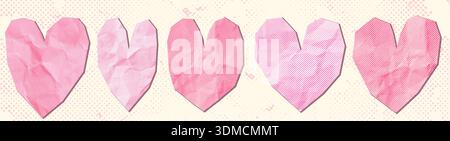 Pink vector paper hearts collage stickers, Romantic graphic design elements for Valentine's Day, wedding and journal designs and backgrounds Stock Vector