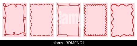 Retro coquette vector ribbon frames in red and pink colors, whimsical wavy borders for Christmas, Valentine's Day menus, greeting cards and invitation Stock Vector