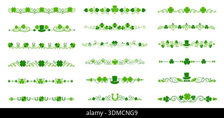 Clover dividers and borders with St Patrick day green shamrocks and hats, vector decorations. Irish ornament with shamrock trefoil clovers and leprechaun hats for Saint Patrick holiday frame borders Stock Vector