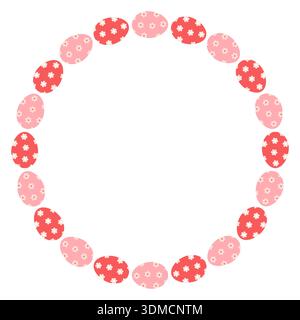 Cute round Easter vector frame with pink and red painted eggs with flowers, Circle border for spring backgrounds Stock Vector