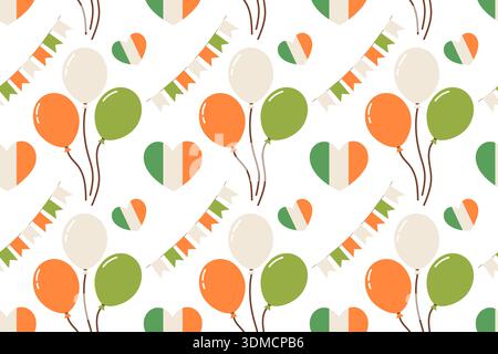 Seamless festive pattern with Irish flags and colorful balloons. Garlands in green, white, and orange. Simple flat illustration. Stock Vector