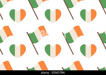 Seamless festive pattern with Irish flags and a heart in the flag's colors. Simple flat illustration. Stock Vector