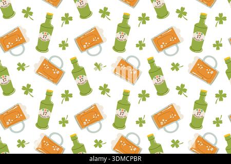 Seamless festive St. Patrick's Day pattern featuring a beer mug and bottle. Symbols of good luck for this Irish holiday include shamrocks, rainbows, g Stock Vector