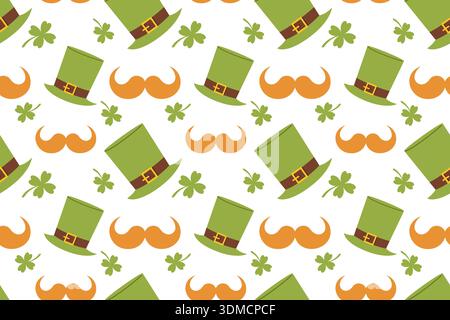 Seamless festive St. Patrick's Day pattern with a green hat and shamrocks. Symbols of good luck for this Irish holiday include shamrocks, rainbows, go Stock Vector