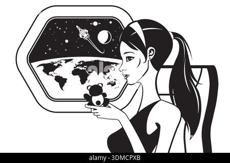 Girl waving with her toy teddy bear to the Earth from spaceship taking off– vector illustration Stock Vector
