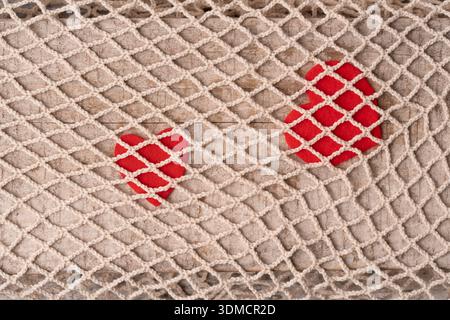 Heart-shaped decorative pillows rest on textured fishing net over weathered wood, with soft lighting and warm color palette. Stock Photo