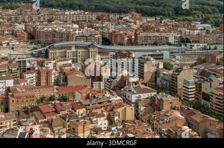 Panoramic aerial view of the Lleida-Pirineus train station - Adif/Renfe from the tower of the Seu Vella cathedral in Lleida, Catalonia, Spain. Europe. Stock Photo