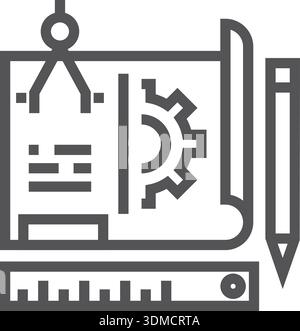 A black and white drawing of a pencil and a ruler with a gear on top of it Stock Vector