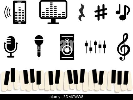 music. microphone. speaker. headphone. telephone. melody. record. musical notes, blue on white background. Signs of musical notation. Stock Vector
