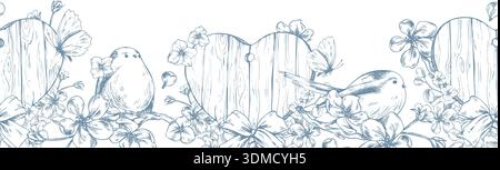 Birds and butterflies among flowers and wooden hearts. Hand-drawn ink graphic illustration, monochrome line art style. Seamless border pattern for Stock Vector