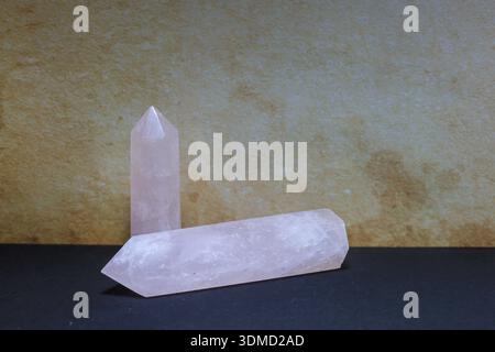 Rose Quartz Crystal Obelisks . Love and Healing Energy Stock Photo