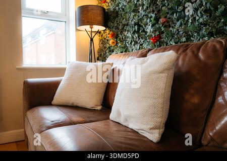 A brown leather couch with two white pillows on it. The couch is in a room with a window and a plant wall Stock Photo