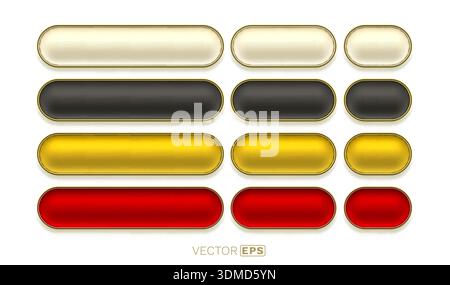 Modern glossy web buttons with golden frames in various colors and sizes. Empty rectangular UI elements for design. Vector illustration. Stock Vector