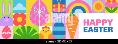 Happy Easter vector flat illustration. Modern geometric design with colorful eggs, rabbit, bunny, spring blossom flowers on color squares. Holiday bac Stock Vector