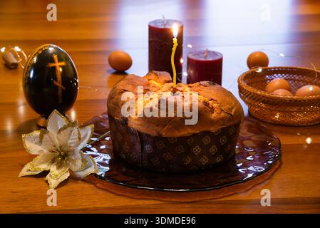 Orthodox Easter food and decoration. Easter cakes and eggs. Stock Photo