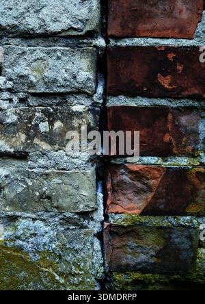 A weathered brick wall with two different colors, crumbling plaster and moss, debris, lost place. Stock Photo