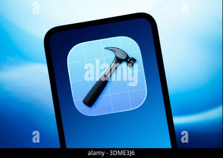 PARIS, FRANCE - FEBRUARY 5, 2026: Apple Xcode developer tool icon displayed on a smartphone screen. Professional software for iOS and macOS coding. Stock Photo