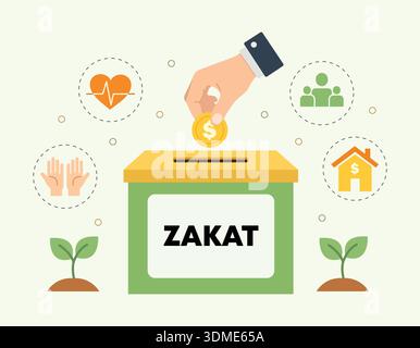 Islamic Zakat Charity Donation Box Concept with Hand Giving Coin and Social Care Vector Icons Stock Vector